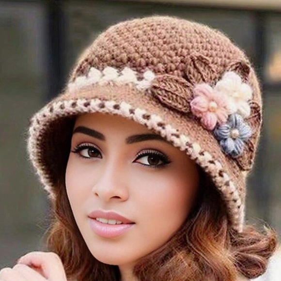 Handmade Floral Crochet Knit Beanie Hat - Picture 6 of 8